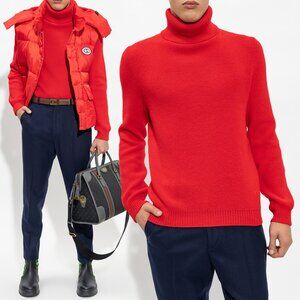 GUCCI MENS SWEATER RED WOOL w DOUBLE G LOGO DETAIL TURTLENECK M / Medium